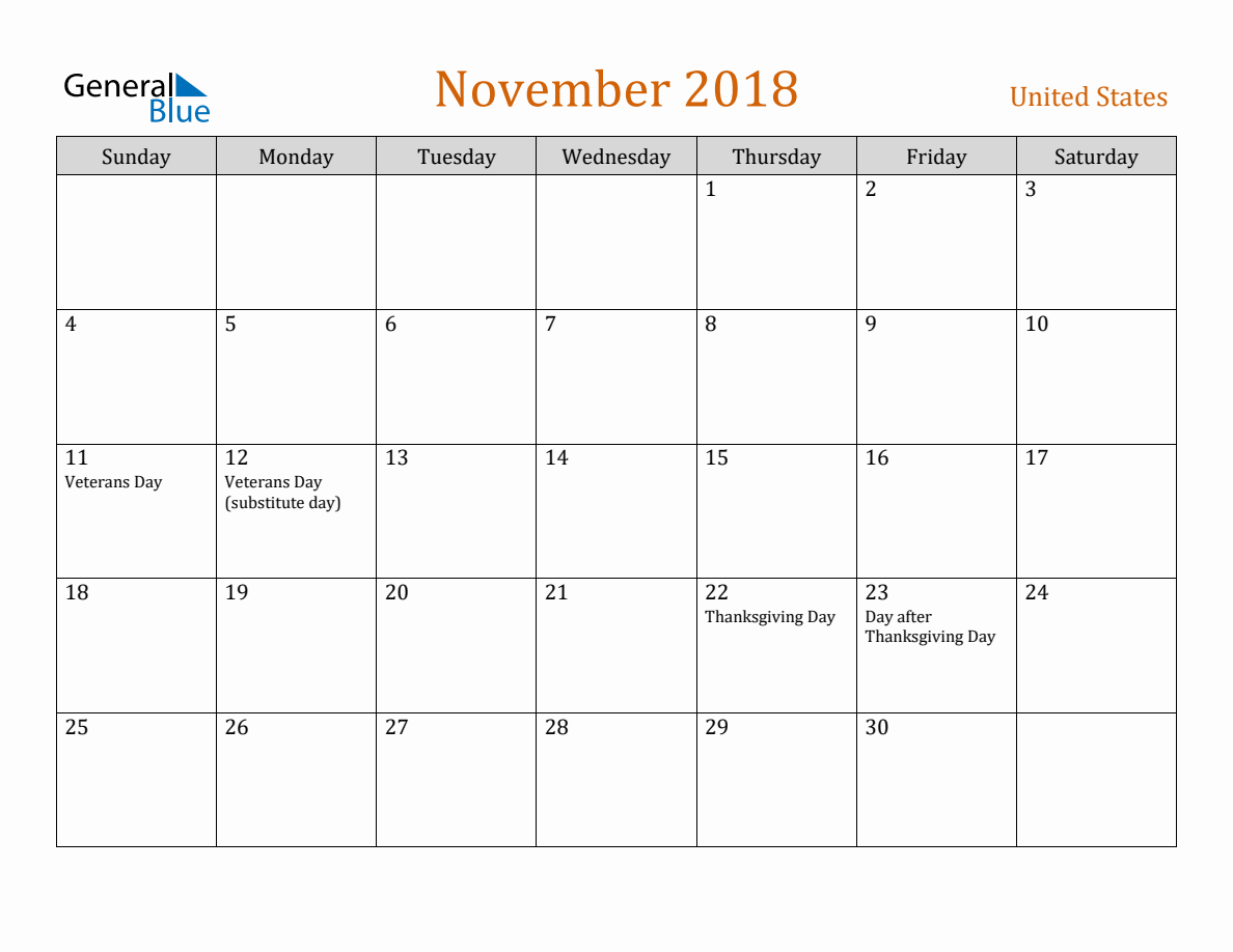 Free November 2018 United States Calendar