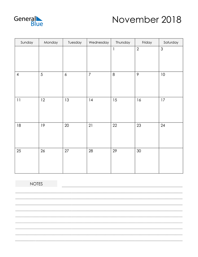  Printable Calendar with Notes - November 2018