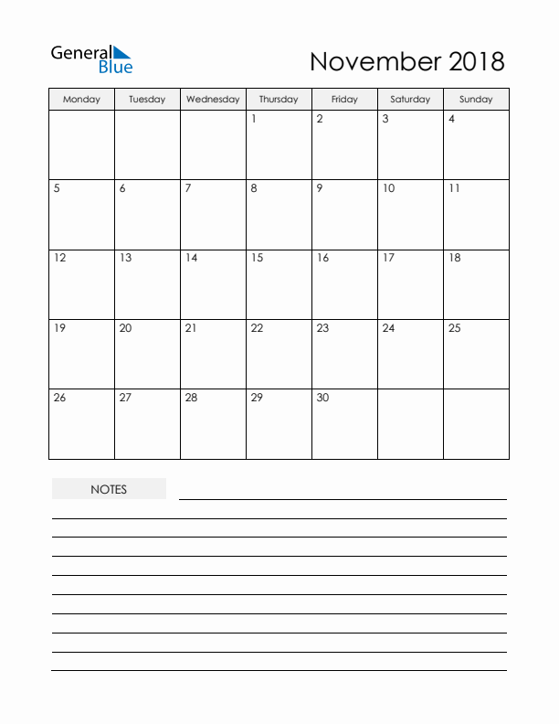 Printable Calendar with Notes - November 2018 