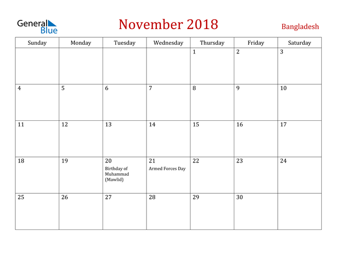 Bangladesh November 2018 Calendar