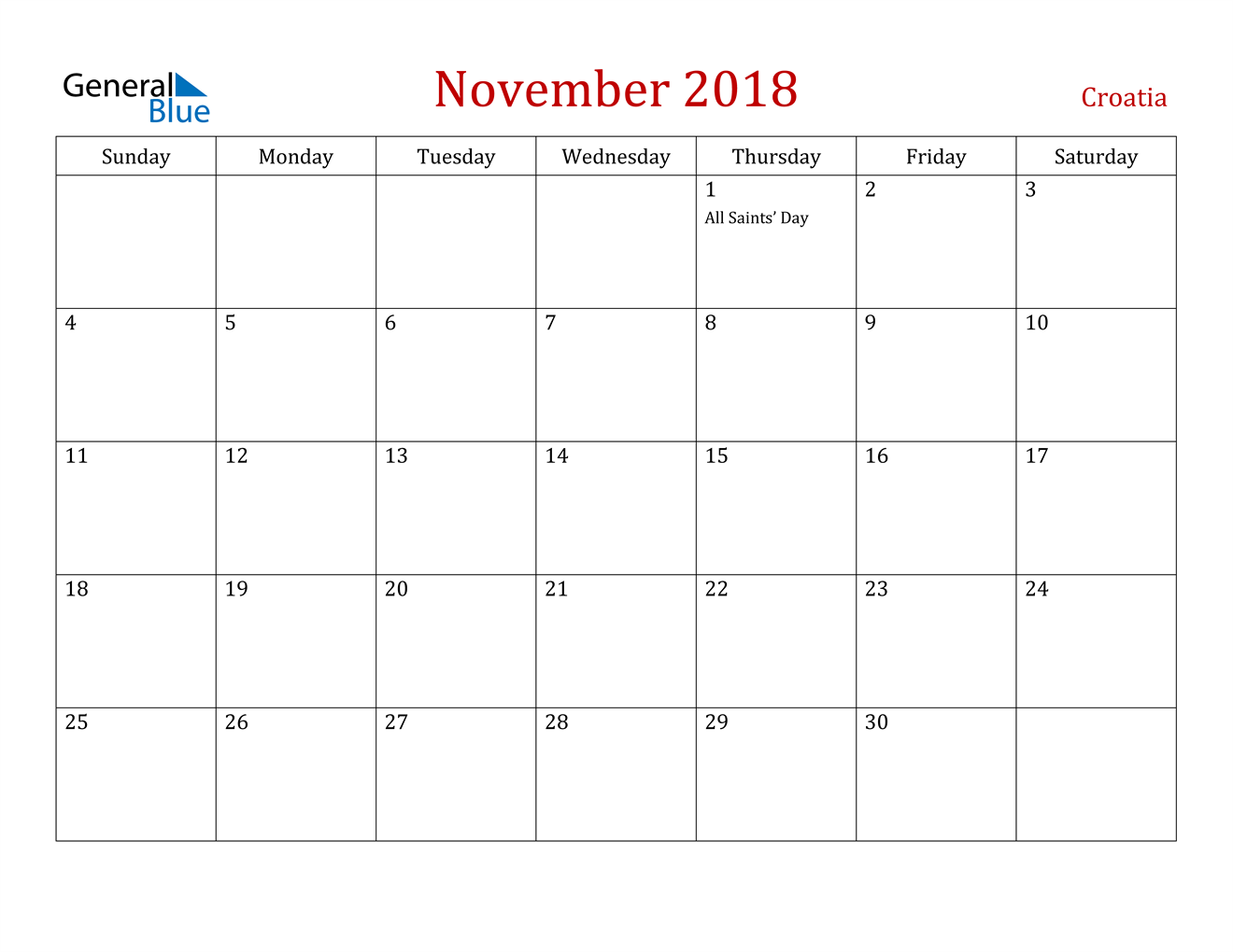 November 2018 Calendar - Croatia