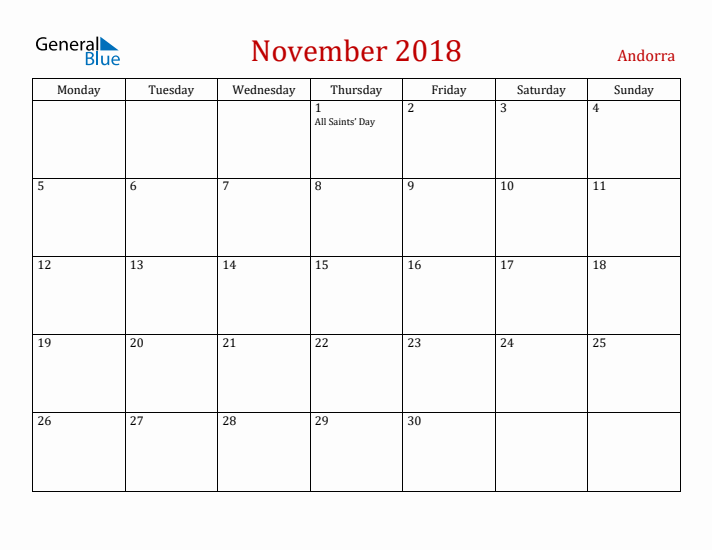 Andorra November 2018 Calendar - Monday Start