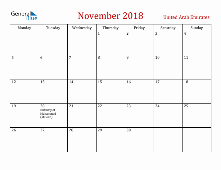 United Arab Emirates November 2018 Calendar - Monday Start