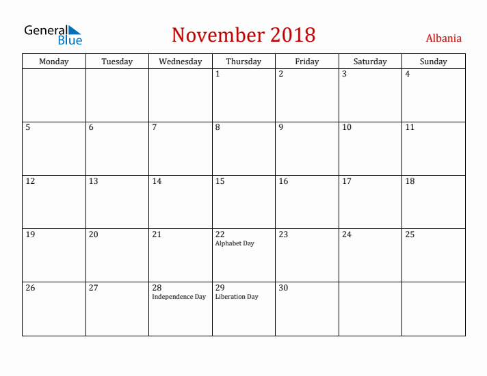 Albania November 2018 Calendar - Monday Start