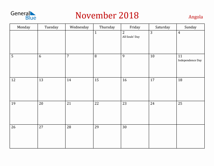 Angola November 2018 Calendar - Monday Start