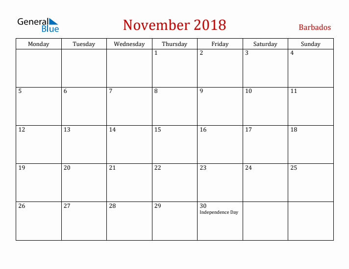 Barbados November 2018 Calendar - Monday Start