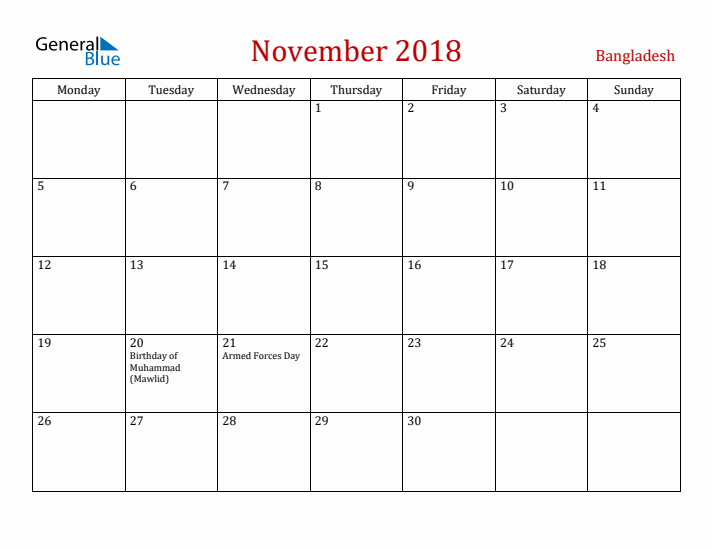 Bangladesh November 2018 Calendar - Monday Start