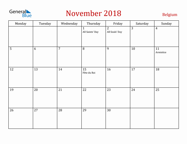 Belgium November 2018 Calendar - Monday Start