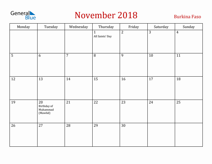 Burkina Faso November 2018 Calendar - Monday Start