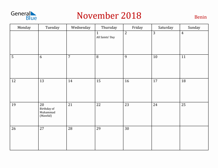 Benin November 2018 Calendar - Monday Start