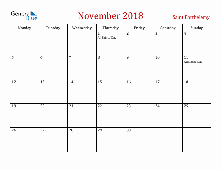 Saint Barthelemy November 2018 Calendar - Monday Start