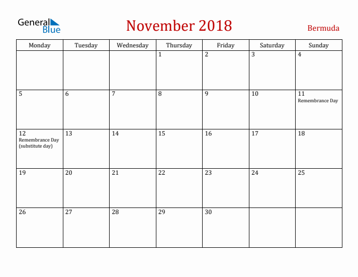 Bermuda November 2018 Calendar - Monday Start