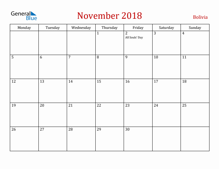 Bolivia November 2018 Calendar - Monday Start