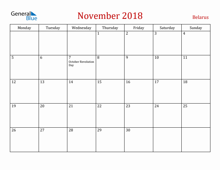 Belarus November 2018 Calendar - Monday Start