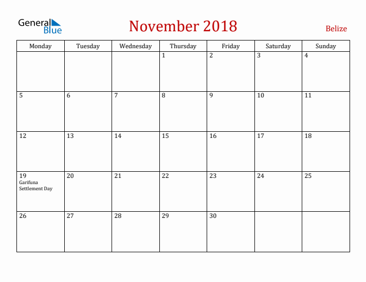 Belize November 2018 Calendar - Monday Start