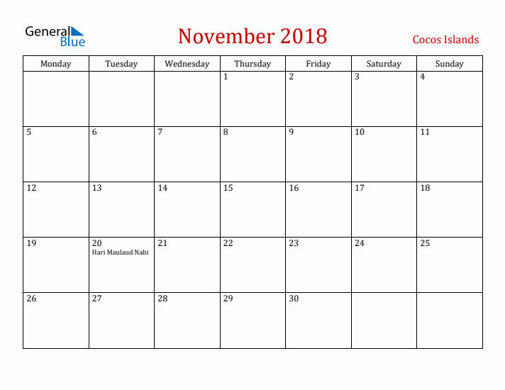 Cocos Islands November 2018 Calendar - Monday Start