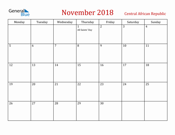 Central African Republic November 2018 Calendar - Monday Start