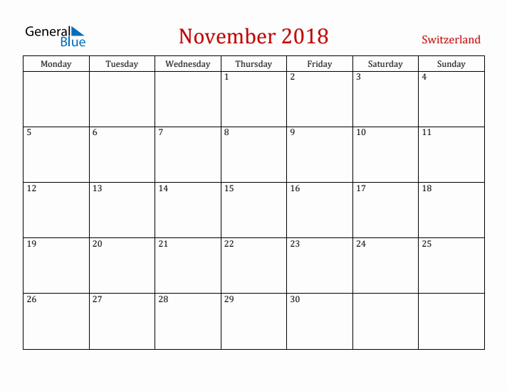 Switzerland November 2018 Calendar - Monday Start