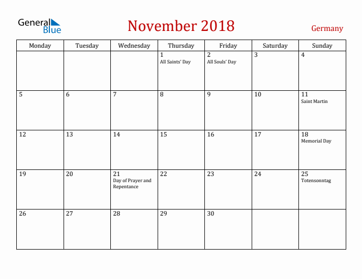 Germany November 2018 Calendar - Monday Start
