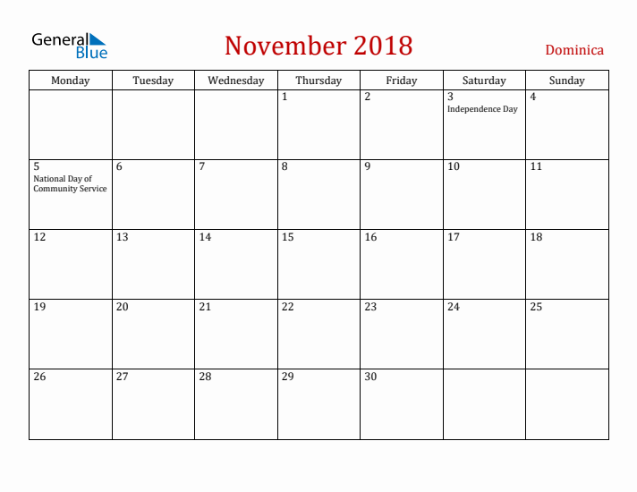 Dominica November 2018 Calendar - Monday Start