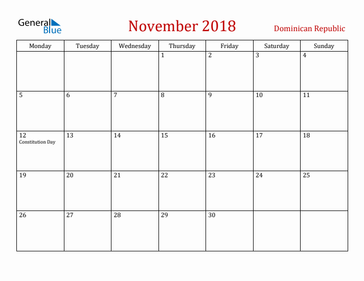 Dominican Republic November 2018 Calendar - Monday Start