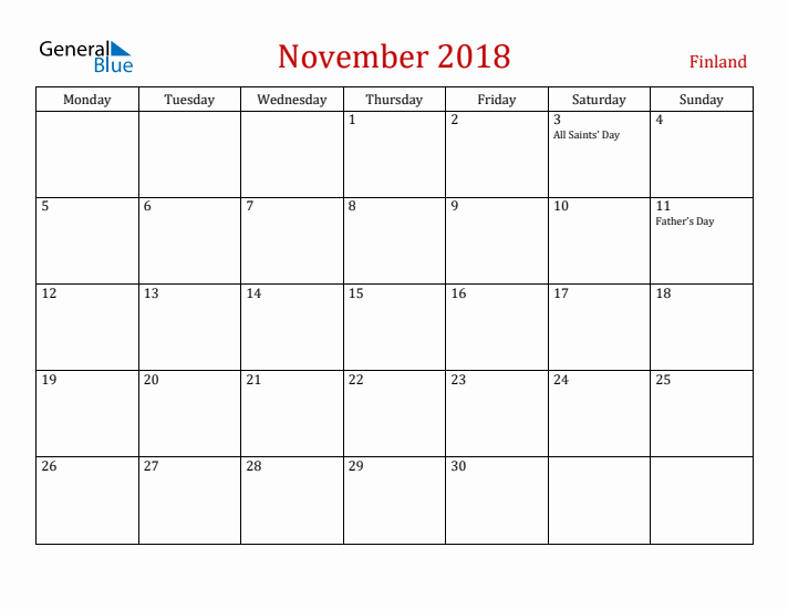 Finland November 2018 Calendar - Monday Start