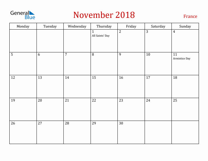 France November 2018 Calendar - Monday Start