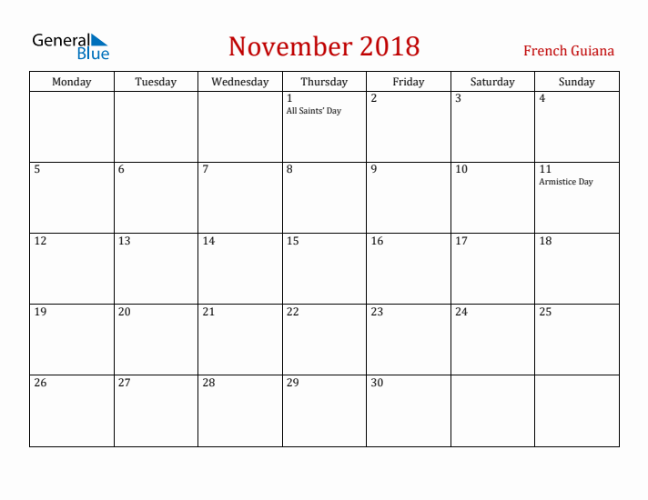 French Guiana November 2018 Calendar - Monday Start
