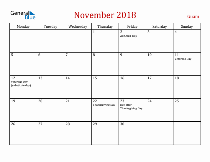 Guam November 2018 Calendar - Monday Start