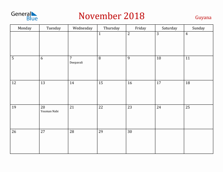 Guyana November 2018 Calendar - Monday Start