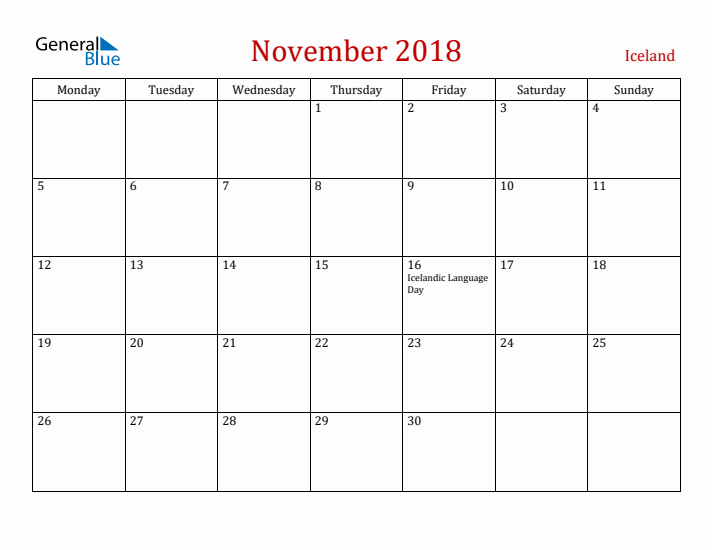 Iceland November 2018 Calendar - Monday Start