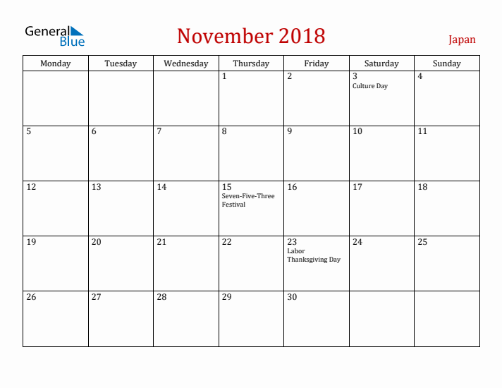 Japan November 2018 Calendar - Monday Start