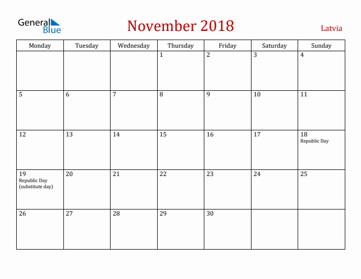 Latvia November 2018 Calendar - Monday Start
