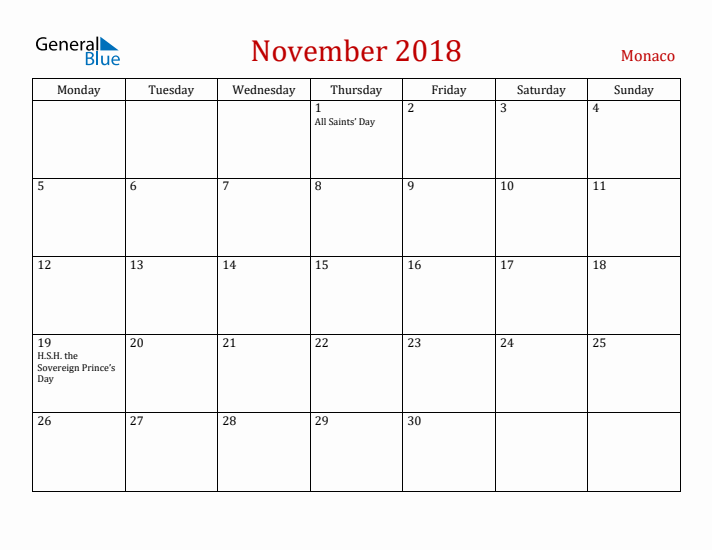 Monaco November 2018 Calendar - Monday Start