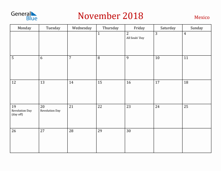 Mexico November 2018 Calendar - Monday Start