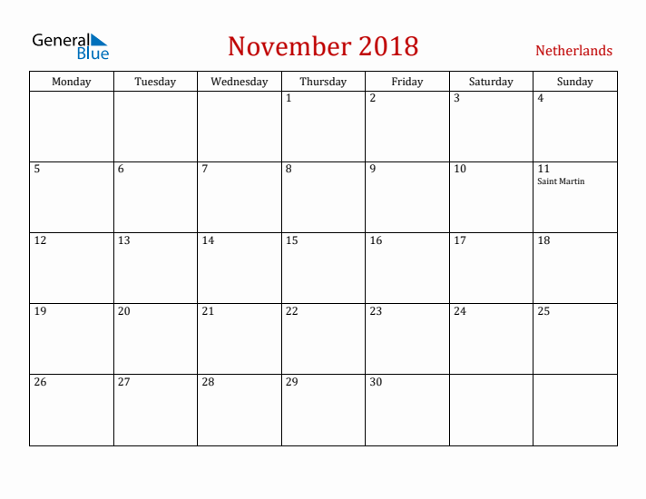 The Netherlands November 2018 Calendar - Monday Start