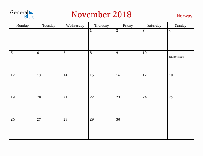 Norway November 2018 Calendar - Monday Start