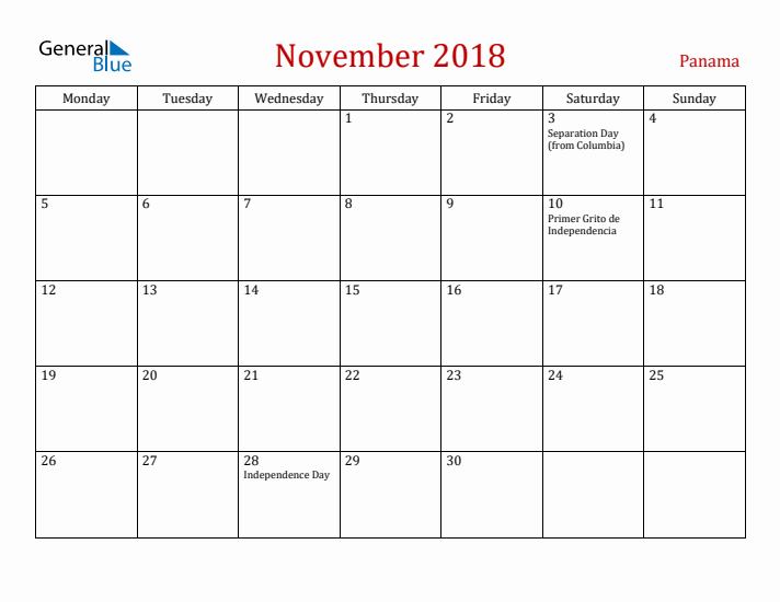 Panama November 2018 Calendar - Monday Start