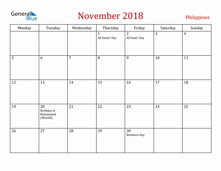 Philippines November 2018 Calendar - Monday Start