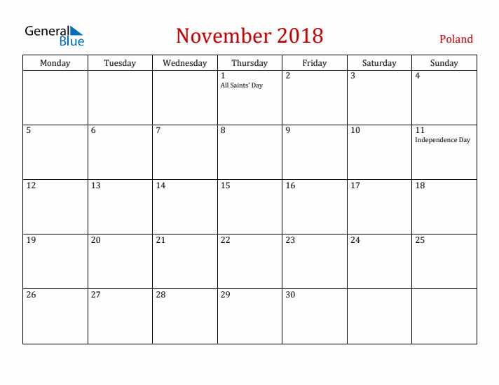 Poland November 2018 Calendar - Monday Start