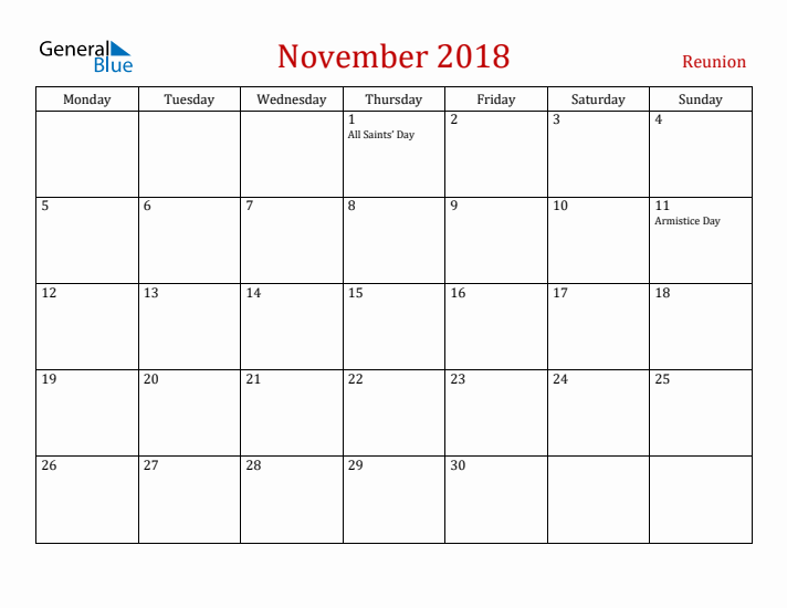 Reunion November 2018 Calendar - Monday Start