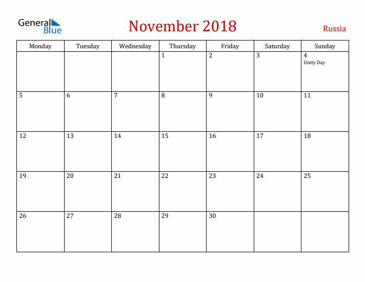 Russia November 2018 Calendar - Monday Start