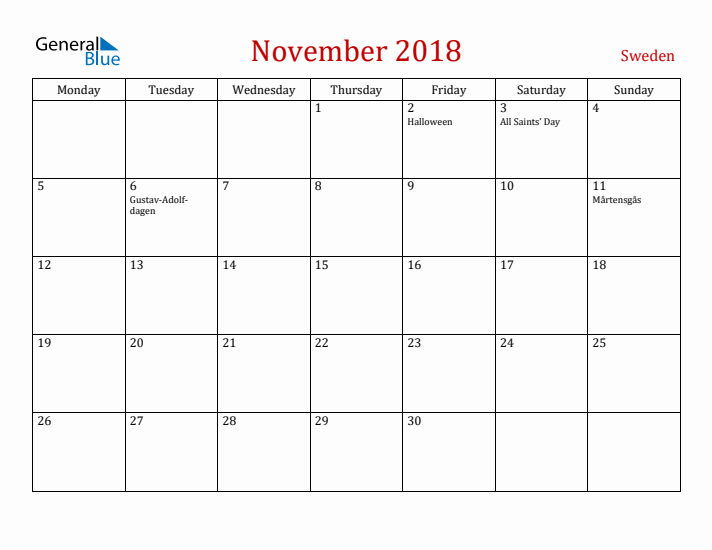Sweden November 2018 Calendar - Monday Start