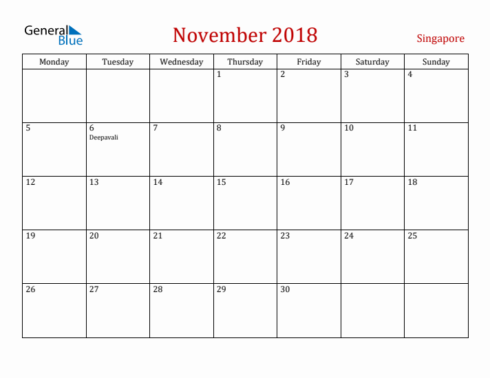 Singapore November 2018 Calendar - Monday Start
