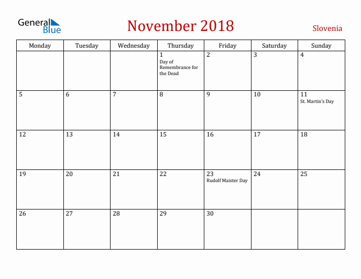 Slovenia November 2018 Calendar - Monday Start