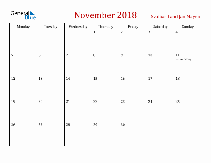 Svalbard and Jan Mayen November 2018 Calendar - Monday Start