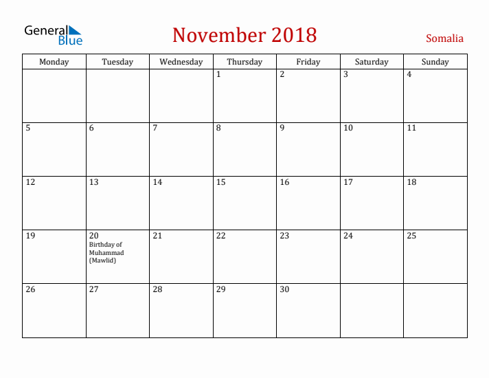 Somalia November 2018 Calendar - Monday Start