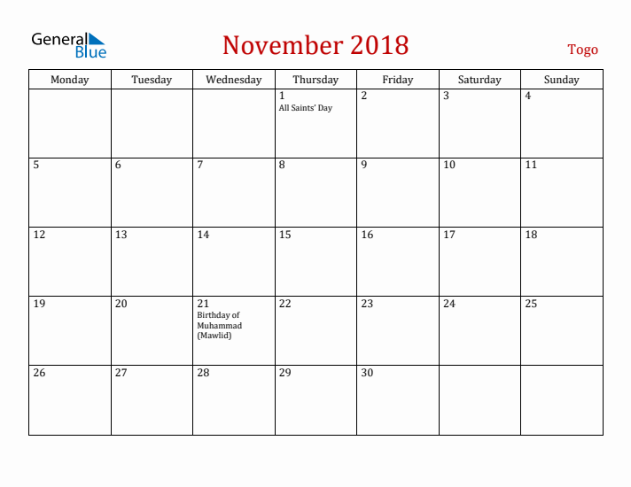 Togo November 2018 Calendar - Monday Start