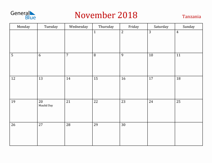Tanzania November 2018 Calendar - Monday Start