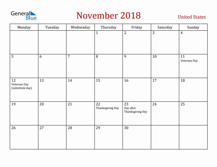 United States November 2018 Calendar - Monday Start